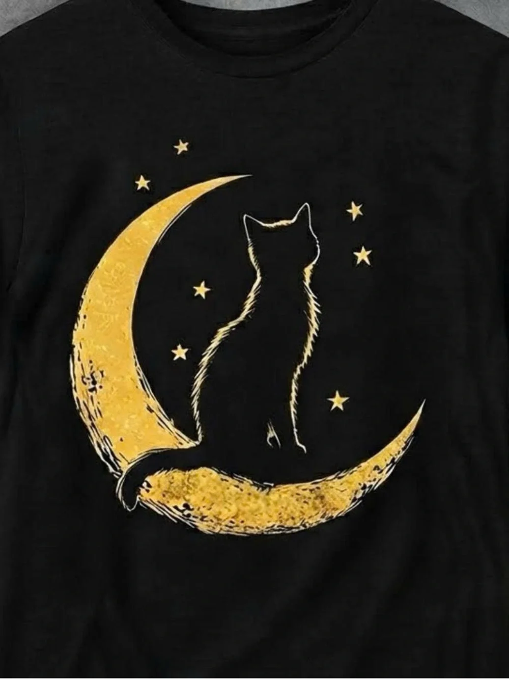 Black Cat Moon Graphic T-Shirt - Gold Print